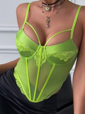 Fluorescent Satin Lace Deep V Plunge Bandage Party Camisole