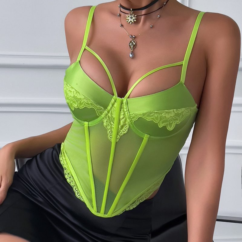 Fluorescent Satin Lace Deep V Plunge Bandage Party Camisole