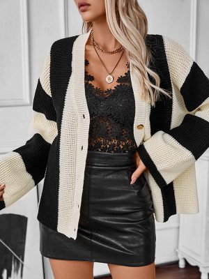 Womens Contrast Color Striped Cardigan – Loose Casual Sweater