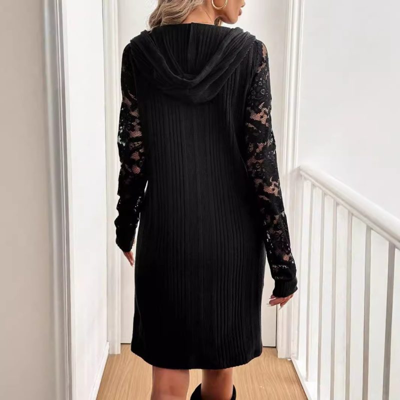 Autumn Winter Lace Patchwork Raglan Sleeve Hoodie Dress - Image 2