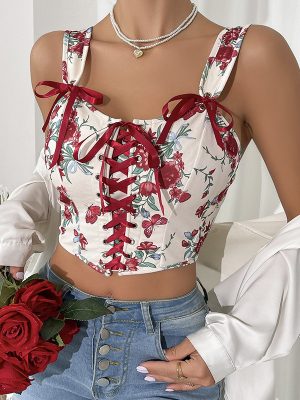 Printed Floral Lace-Up Corset Camisole Top with Spaghetti Straps