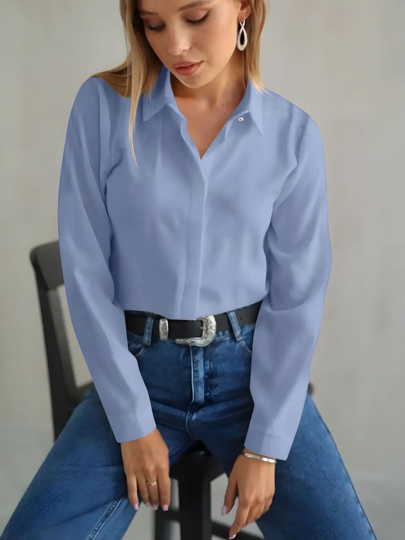 Women’s Long Sleeve Office Shirt with Hidden Diamond Buckle - Image 3