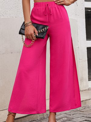 Womens Side Slit Wide-Leg Pants – Loose Lace-Up Casual Style