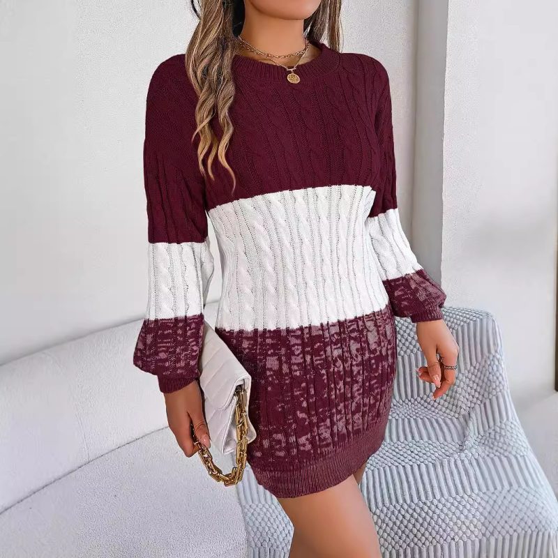 Casual Color Matching Twist Lantern Sleeve Woolen Dress for Women - Image 4