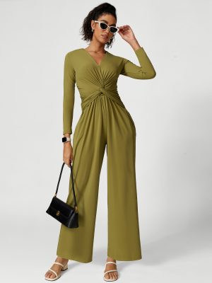 Sexy V-Neck High Slit Yoga Jumpsuit – Pleated Design for Women