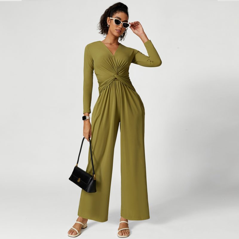 Sexy V-Neck High Slit Yoga Jumpsuit – Pleated Design for Women