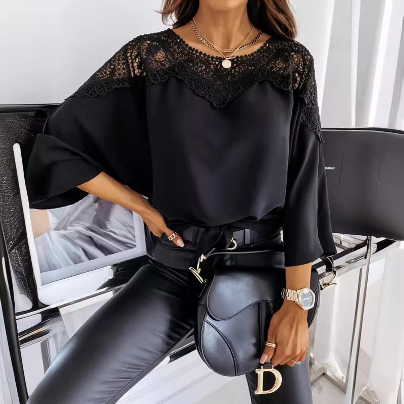 Long Sleeve Lace Shirt: Solid Color Office Top for Spring & Autumn - Image 4