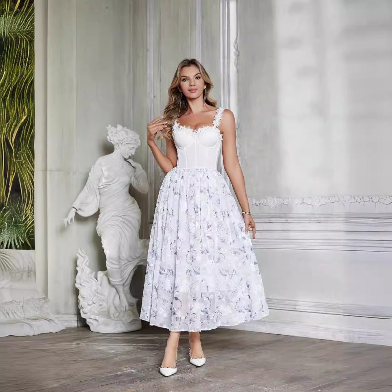 European Camellia Shoulder Strap Corset A-Line Dress - Image 2