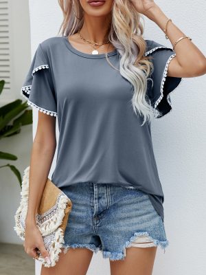 Women’s Summer Round Neck Tassel Tulip Sleeve Casual T-Shirt