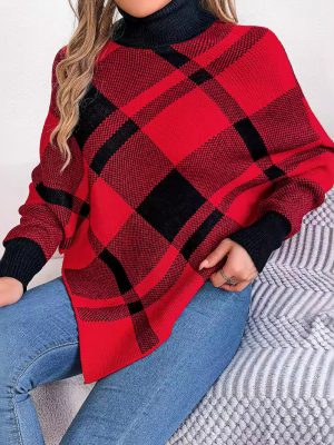 Casual Color Contrast Check Turtleneck Cloak Sweater for Women