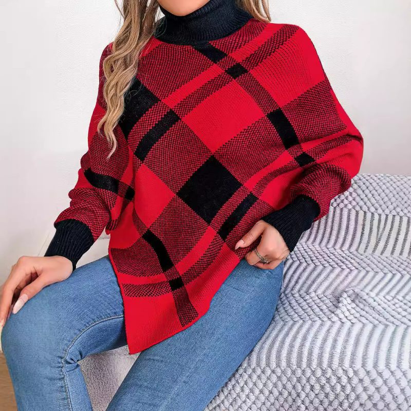 Casual Color Contrast Check Turtleneck Cloak Sweater for Women