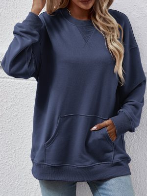 Loose Round Neck Pocket Sweatshirt for Women