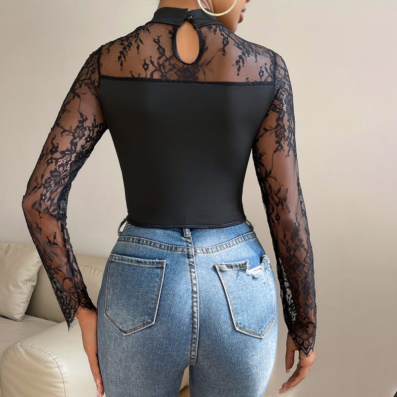 Women’s Elegant Slim Lace Long Sleeve Low Cut Top - Autumn Winter - Image 4