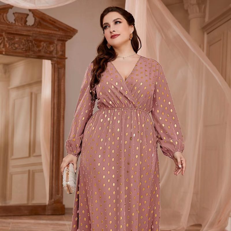 Plus Size High Waist Black Polka Dot Elastic Waist Printed Dress for Women - Image 3