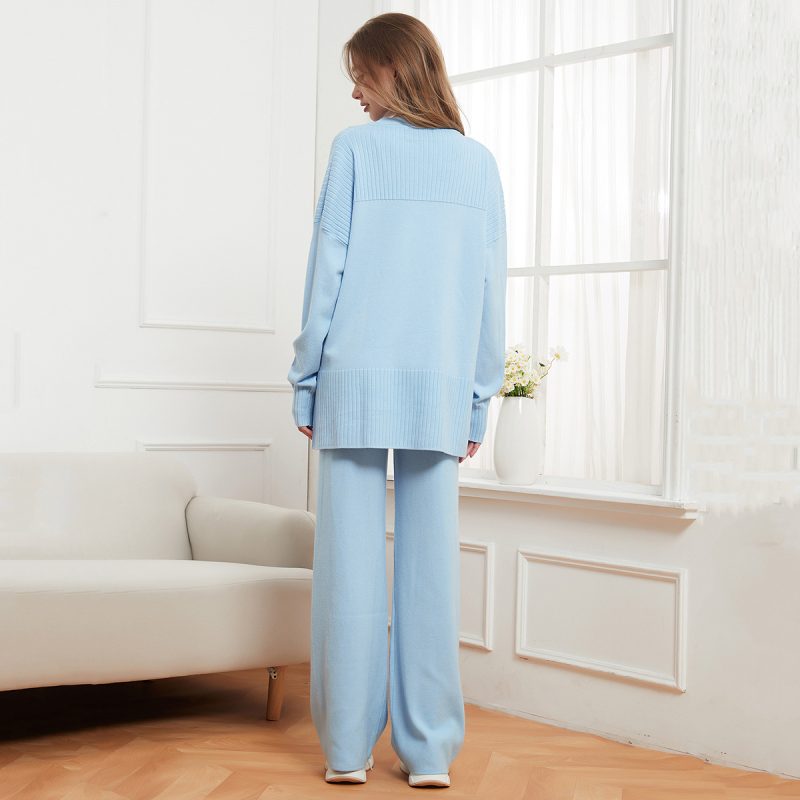 Round Neck Sunken Stripe Stitching Loose Casual Sweater Pullover & Knitted Trousers Two-Piece Set - Image 3