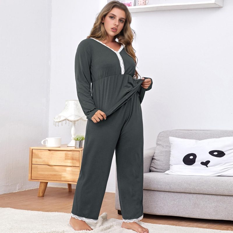 Plus Size Autumn Winter Two-Piece Lace Stitching Homewear Set - Image 3