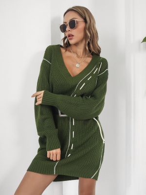 Drawstring V-Neck Long Sleeve Sweater Dress for Women – Loose Knit