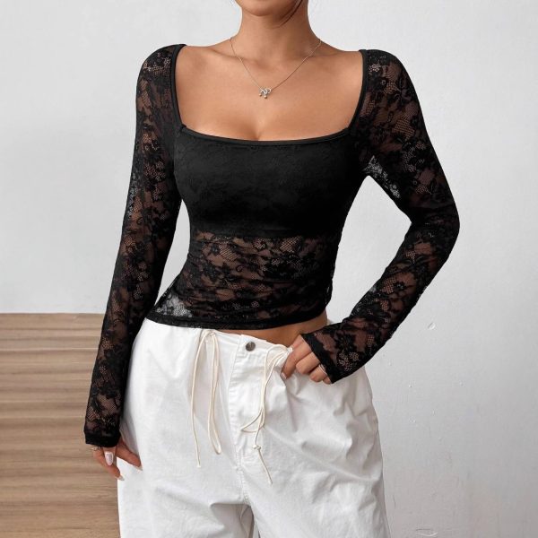 Elegant Lace U-Collar Top – Asymmetric Hem Long Sleeve Design - Image 3