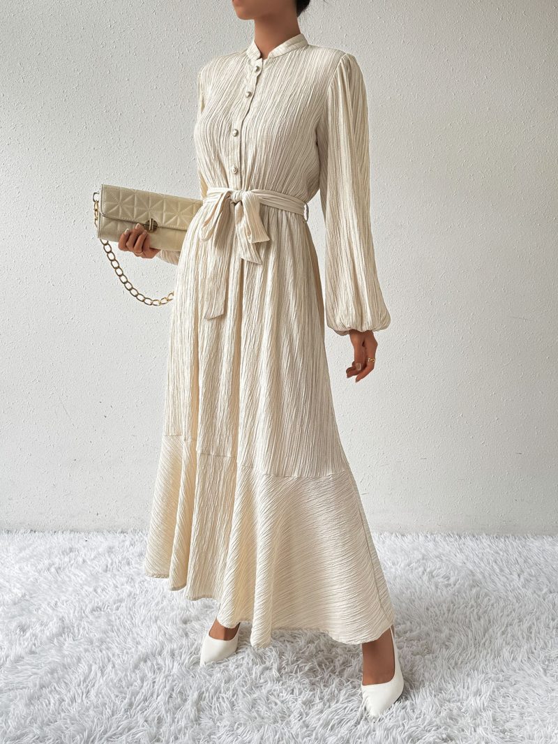 Solid Color Lantern Sleeve Button Dress - Slimming Maxi Dress - Image 2