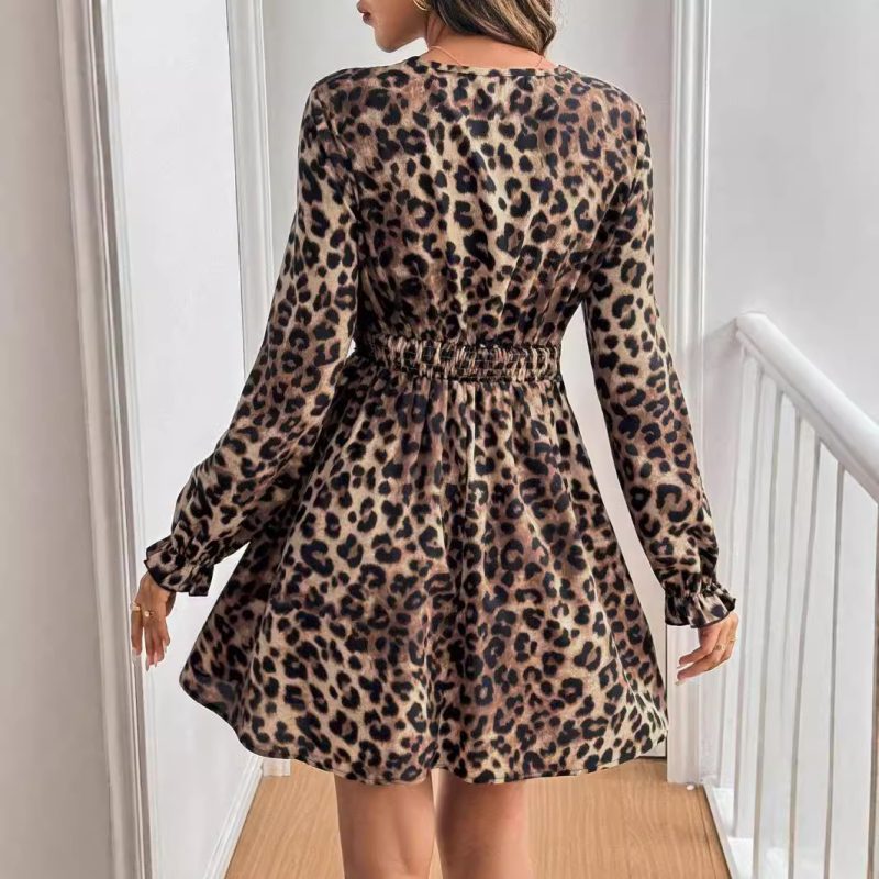 French Vintage V Neck Leopard Print Lace Patchwork Dress - Image 2