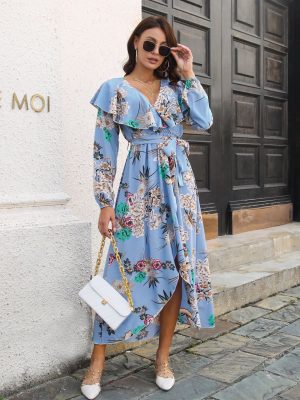 Ruffled Collar Floral Lantern Sleeve Maxi Dress for Women