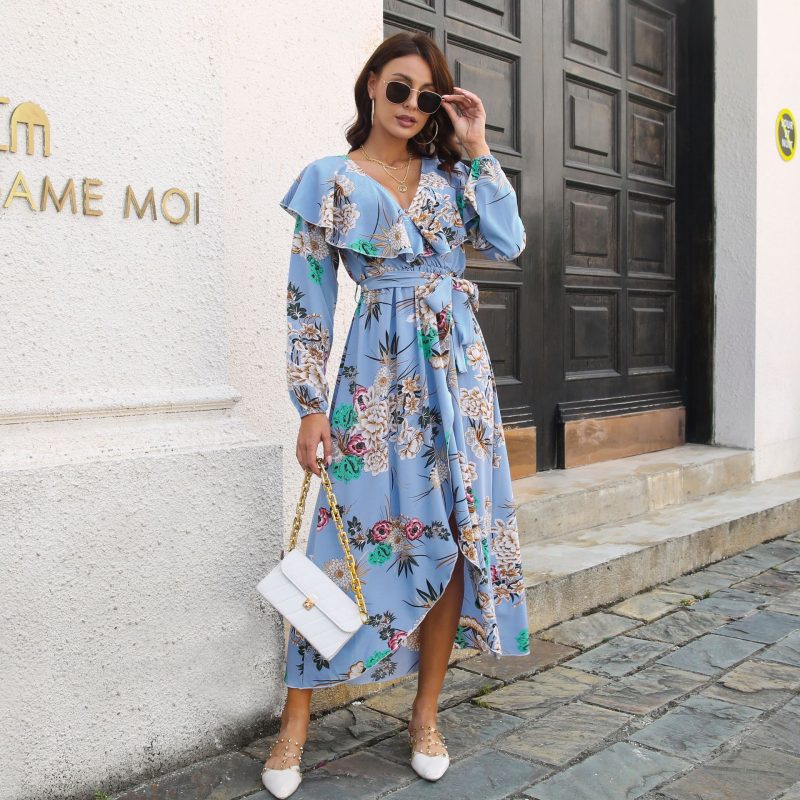 Ruffled Collar Floral Lantern Sleeve Maxi Dress for Women
