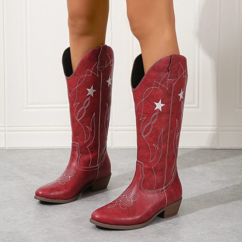 Embroidered Totem Riding Boots with Thick Heel for Women - Image 4