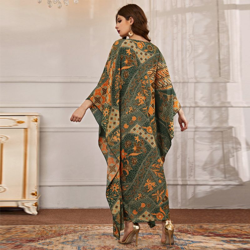 Women’s Fall Long Irregular Asymmetric Printed V-Neck Batwing Sleeve Dress - Image 4
