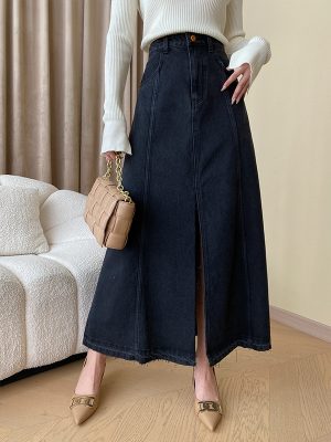 French Blogger High-Waist A-Line Denim Skirt: Raw Hem & Split Design