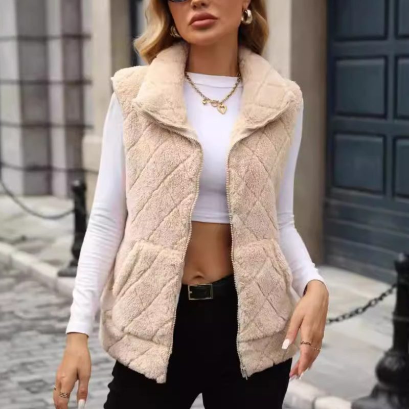 Women’s Autumn Winter Zipper Loose Diamond Lattice Plush Vest Cardigan