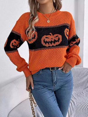 Women’s Halloween Pumpkin Head Knit Pullover – Autumn Contrast Sweater