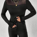 Elegant Black Mesh Stitching Stand-Up Collar Thermal T-Shirt for Women - Image 3