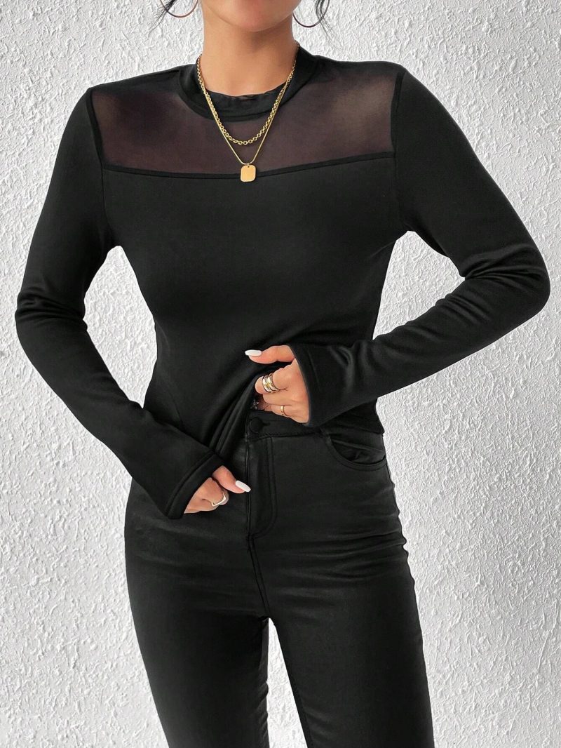 Elegant Black Mesh Stitching Stand-Up Collar Thermal T-Shirt for Women - Image 3