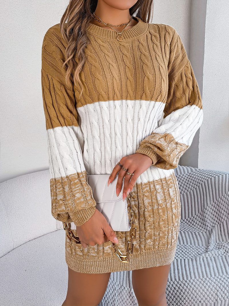 Casual Color Matching Twist Lantern Sleeve Woolen Dress for Women - Image 6