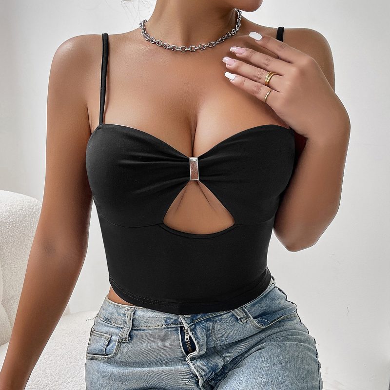 French Sexy Low Cut Solid Color Stitching Buckle Hollow Out Corset Camisole for Women - Image 3
