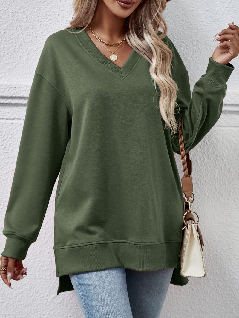 Solid Color V-Neck Split Front Long Blouse for Women - Image 3