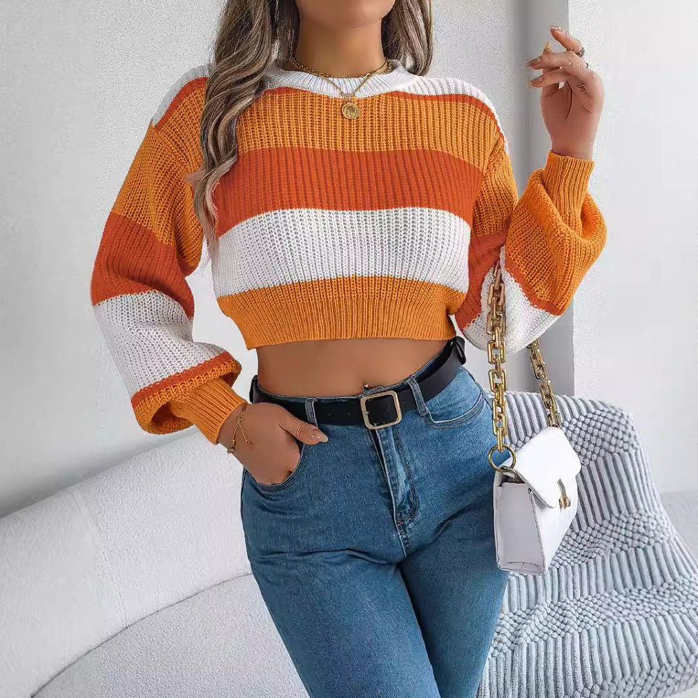 Casual Color Matching Lantern Sleeve Cropped Pullover Sweater for Women
