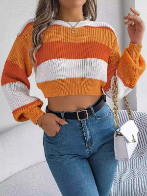 Casual Color Matching Lantern Sleeve Cropped Pullover Sweater for Women