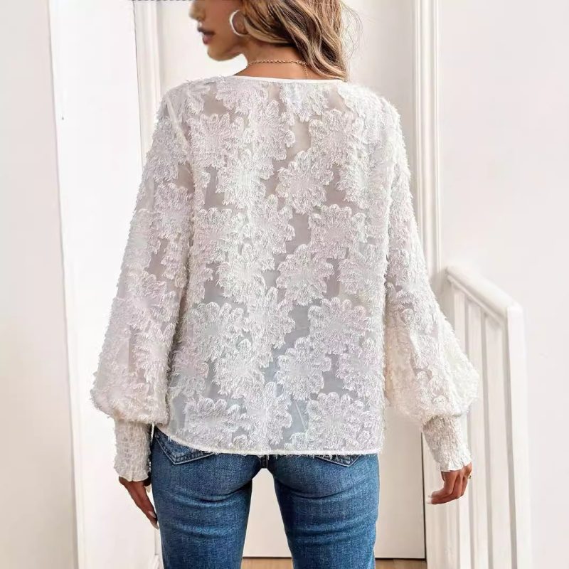 Elegant V-Neck Embroidered Lantern Sleeve White Shirt for Women - Image 2