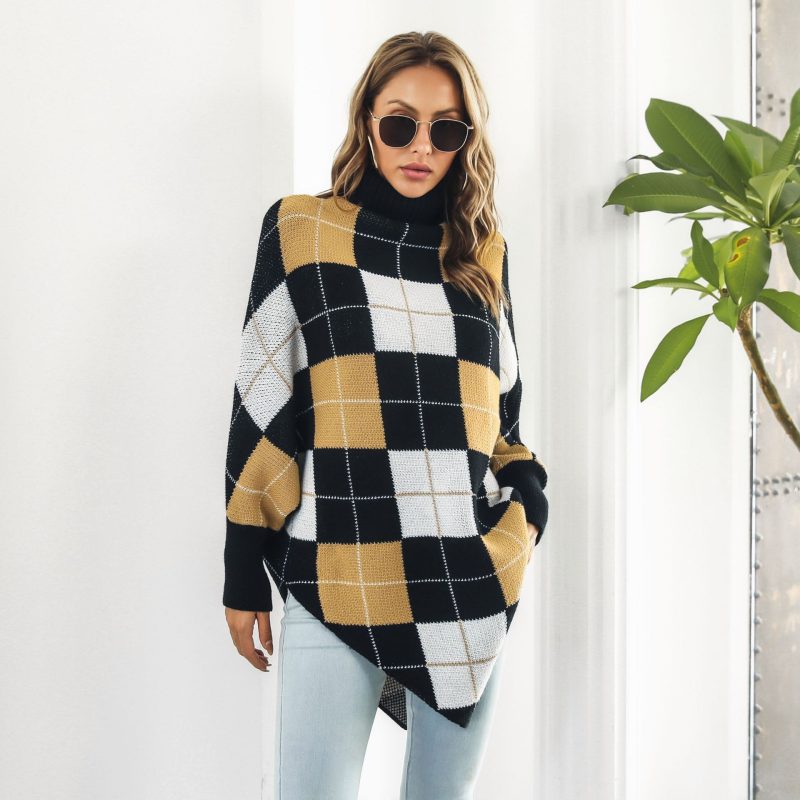 Plaid Jacquard Cape Sweater with Turtleneck for Women - Image 3