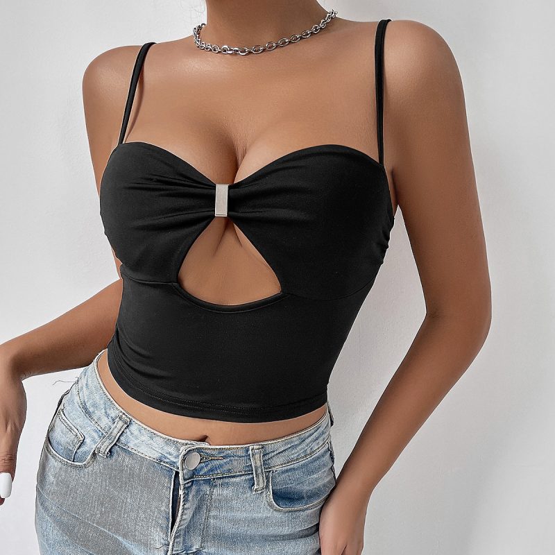 French Sexy Low Cut Solid Color Stitching Buckle Hollow Out Corset Camisole for Women - Image 2