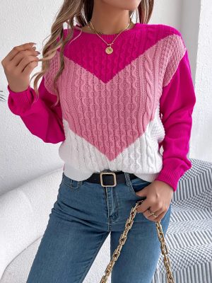 Casual Color Matching Twist Lantern Sleeve Pullover Sweater for Women