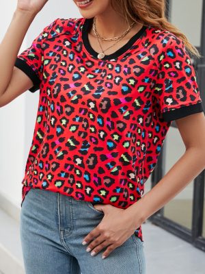 Asymmetric Print Round Neck Short Sleeve Summer T-Shirt for Women