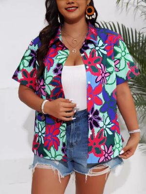 Plus Size Summer Digital Print Button-Up Short Sleeve Shirt for Women