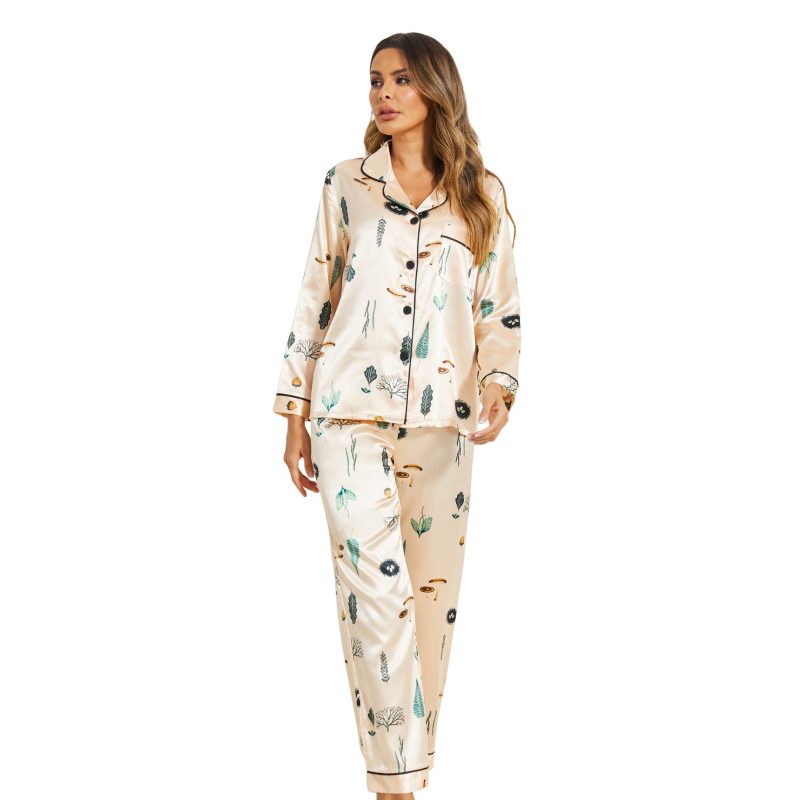 Fall Winter Silk Satin Printed Pajamas Suit for Women - Image 2