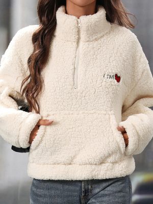 Womens Plush Long Sleeve Half-Zipped Stand Collar Sweater