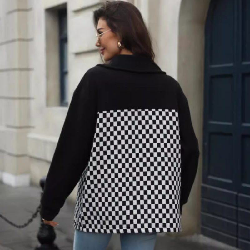 Women’s Autumn Winter Polo Collar Single Breasted Long Sleeve Polar Fleece Plaid Coat - Image 3