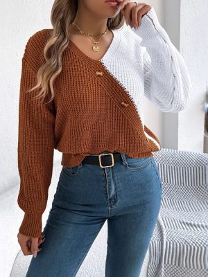 Casual V-Neck Buttons Contrast Color Lantern Sleeve Pullover Sweater for Women