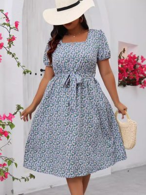 Plus Size Floral A-Line Summer Dress with Belt and Pleated Hem