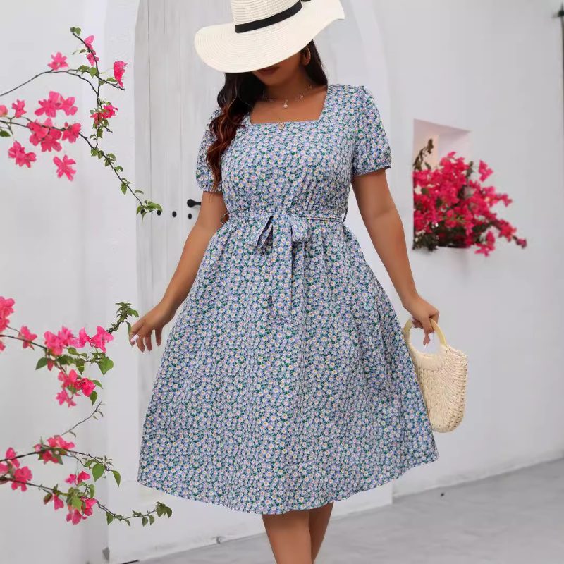 Plus Size Floral A-Line Summer Dress with Belt and Pleated Hem